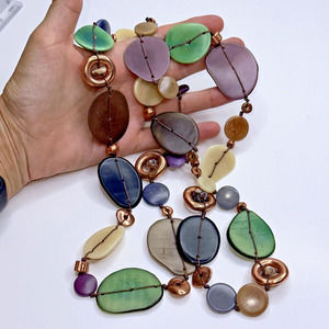 Leju Vegetable Ivory Multicolor necklace Copper Green Blue Brown Button Clasp